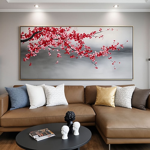 handgemaltes großes Ölgemälde im chinesischen Stil, Tuscheblumen, Landschaftsmalerei, Gemälde mit rosa Pflaumenblüten, Einzugsgeschenk Image