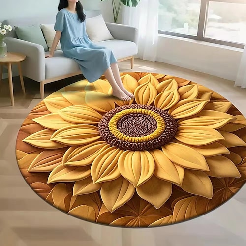 2D-Flachdruck-Teppich mit Sonnenblumenmuster aus Kristall-Samt, ideal für Wohnzimmer, Sofa, Couchtisch, Schlafzimmer, Bettvorleger, Ankleidezimmer – ein weicher, dekorativer Bodenbelag. Image