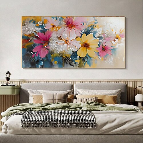 Farbenfrohes Wildblumengemälde auf Leinwand, handgefertigt, originell, großformatig, strukturiert, Wandkunst für das Wohnzimmer, Acrylmalerei, farbenfrohe Boho-Leinwandbilder. Image