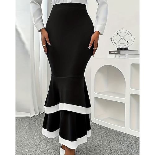 Damen Elegant Mode Maxi Hohe Taille Röcke Farbblock Gerafft Patchwork Dehnbar Straße Date Schwarz Frühling Polyester Image
