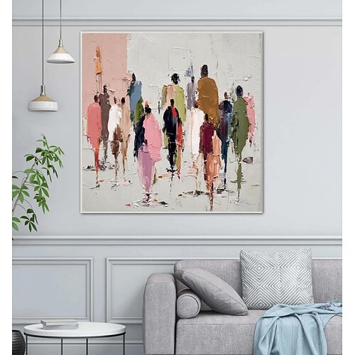 Handgemaltes Ölgemälde auf Leinwand, Wanddekoration, Impression einer Straßenszene mit Figuren, Morandi-Farben, abstrakt, für die Heimdekoration, auf Keilrahmen gespanntes Gemälde/gerolltes, Image