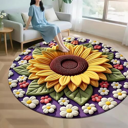 2D-Flachdruck-Teppich mit Sonnenblumenmuster aus Kristall-Samt, ideal für Wohnzimmer, Sofa, Couchtisch, Schlafzimmer, Bettvorleger, Ankleidezimmer – ein weicher, dekorativer Bodenbelag. Image
