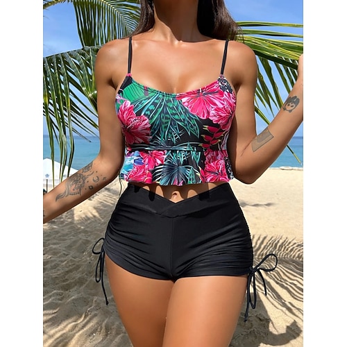 Damen Tankini 2-teiliges Badeanzug gerafft Palm Shorts Bauchkontrolle Hoher Bund Schlank Rückenkonzipiert Urlaub Strandbekleidung Blumen Scoop-Ausschnitt Ärmellose Badeanzüge Image