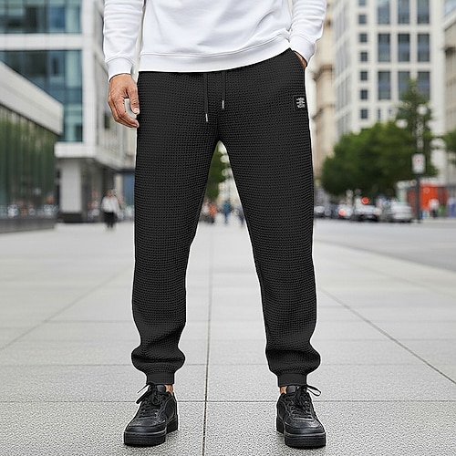 Herren Waffel Jogginghose Jogginghose Jogger Hose Freizeithose Kordelzug Elastischer Bund Einfarbig Komfort Volle Länge Outdoor Täglich Streetwear Mode Klassicher Stil Schwarz Weiß Dehnbar Image
