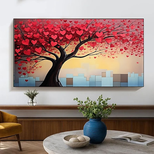 Handgemaltes, romantisches Leinwandbild mit rotem Herzbaum, handgemalter Liebesbaum, moderne Leinwandbilder, Dekoration, surrealer Liebesbaum, modernes Leinwandgeschenk für Verliebte, Liebesposter Image