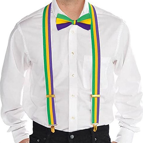 Mardi Gras 2026 Karneval Fliege Hosenträger Cosplay Mardi-Gras-Farben Erwachsene Herren Karneval Fetter Dienstag Karnevalsparade Party Leistung Einfaches Karnevalskostüm Verkleiden Image