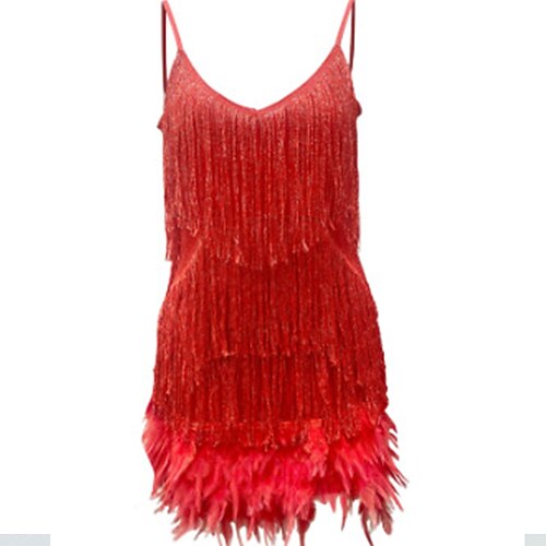 Samba Dancewear Damen Flapper Feder Fransen Pailletten Minikleid - Funkelndes Cami V-Ausschnitt Partykleid Leistungskostüm Image