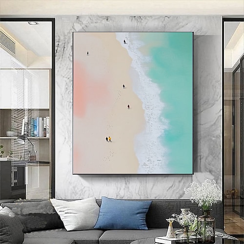 Ölgemälde, handgemalt: Winzige Menschen schwimmen im blauen Ozean. Wandbild, Strandmotiv, Poster, Küstenkunst. Image