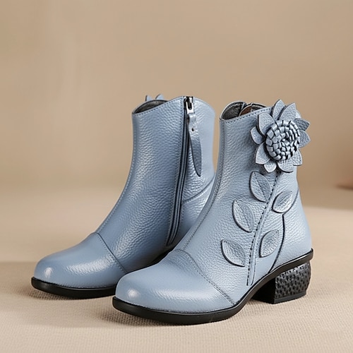 Rote Damen-Stiefeletten aus Leder mit Blumenapplikation – Vintage-Stiefeletten mit mittlerem Absatz für lässige und elegante Outfits Image