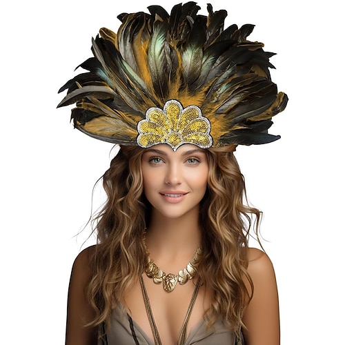Karneval 2026 Rio Karneval Samba Accessoires Pfauen Blau-Grüne Federkopfbedeckung für Damen - Pailletten Schau-Mädchen Karneval Kostümkopfteil - Mardi Gras Zubehör Brasilien Festival