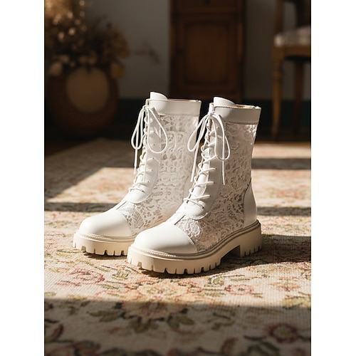 Weiße Damen-Schnürstiefel mit klobiger Sohle – modisch, strapazierfähig, perfekt für Alltag, Streetwear und Freizeit. Image