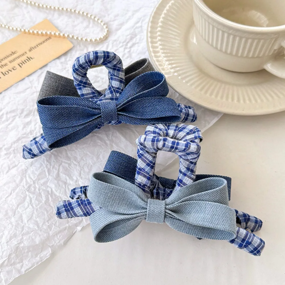 Cowboy Plaid Bow Clip Blues Kontrast Design Haarspange Nischendesign strahlt Temperament tägliches Styling Haargummi Zubehör aus Image