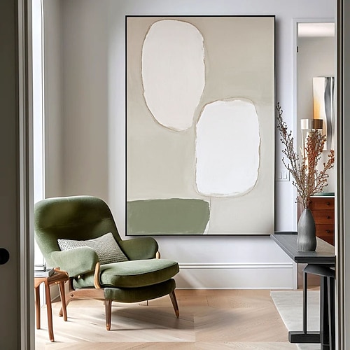 Großes, geometrisches abstraktes Gemälde in Grün, Beige und Schwarz, grüne abstrakte Kunst, beige Wabi-Sabi-Wandkunst, schwarze minimalistische Kunst, Boho-Stil, neutrale Wanddekoration Image