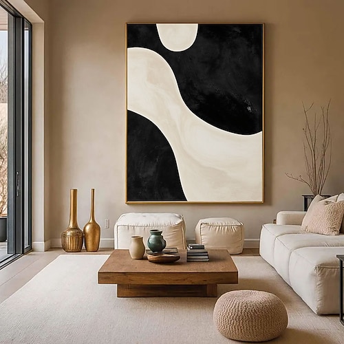Handgemaltes abstraktes Schlafzimmer-Ölgemälde, handgefertigte Wandkunst, schwarz-beige Gemälde, 2-teiliges Kunstgemälde-Poster-Set, neutrale Wandkunst, Wohnzimmerkunst, Ölgemälde Image