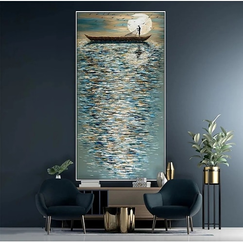 Handgemaltes Ölgemälde auf Leinwand, abstraktes Motiv einer phosphoreszierenden Meeresoberfläche mit Fischerboot und Ernte, als Wanddekoration für Zuhause, auf Keilrahmen gespannt / gerolltes, Image