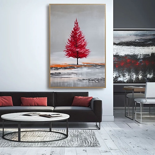 Abstraktes Leinwandbild mit rotem Baum, großes Wandbild für Zuhause oder Büro, handgefertigt auf Bestellung, Geschenk für Kunstliebhaber Image