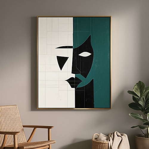 Handgemaltes, abstraktes, geometrisches Gesicht auf Leinwand, großes Wandbild, schwarz Weiß-grüne Strukturmalerei, individuelle Wandgestaltung für das Wohnzimmer Image