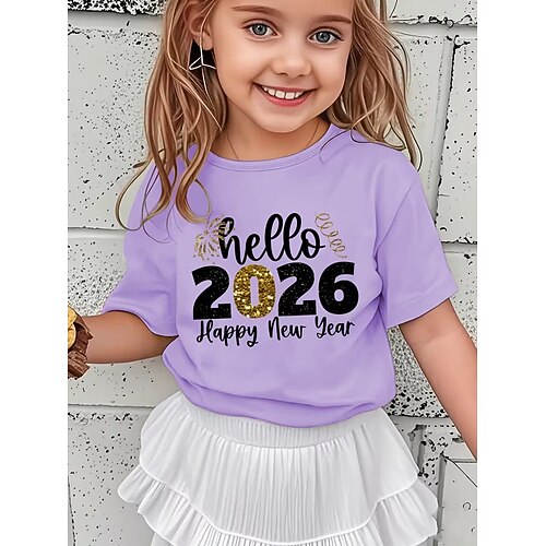Mädchen-T-Shirt mit 3D-Grafik und Buchstabenaufdruck für die Silvesterparty 2026, Kurzarm, Sommer/Frühling, Sportmode, Streetwear, Kindergröße 4-12 Jahre, Rundhalsausschnitt, normale Passform, Image