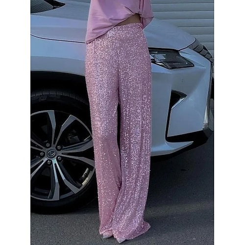 Damen Gerade Hosen Mode Streetwear Glitzern Volle Länge Hohe Taille Einfach Schimmernd Bequem Weich Unelastisch Outdoor Party Silber Schwarz Rosa Fuchsie Sommer Frühling Normale Passform Image