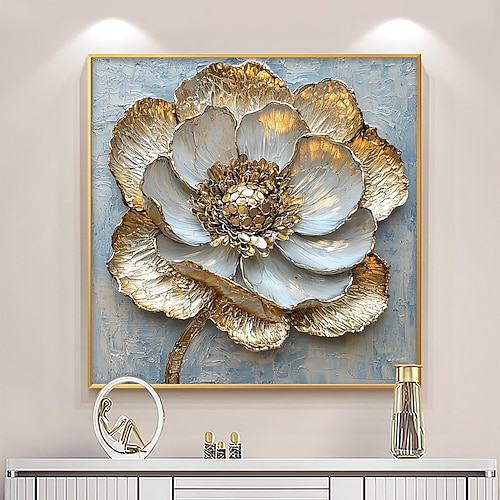 handgemaltes, originales Ölgemälde mit goldener Blume auf Leinwand, abstraktes, großes florales Wandbild für die Heimdekoration, ohne Innenrahmen (ohne Rahmen). Image