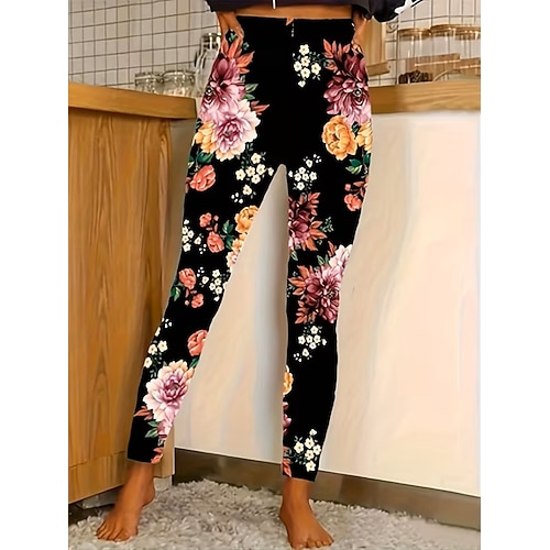 Damen Leggings Gemütliche Leggings Urlaub Lässig Volle Länge Hohe Taille Blumen Drucken Bequem Dehnbar Lässig Täglich Urlaub Marinenblau Schwarz Gelb Fuchsie Sommer Frühling Herbst Normale Passform Image