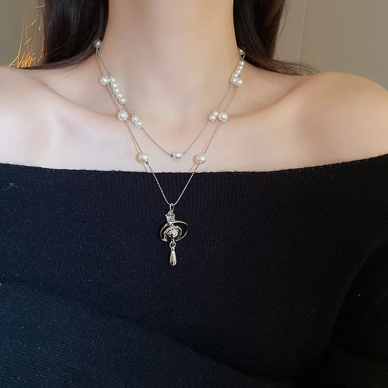 Mit Diamanten besetzte Saturn-Wassertropfen-Perlenkette, französische, leichte, luxuriöse Premium-Pulloverkette, vielseitiges Weihnachts- und Geburtstagsgeschenk Image