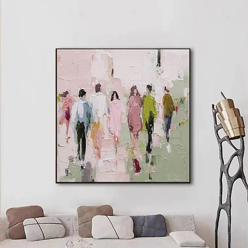 Handgemaltes Ölgemälde auf Leinwand, Wanddekoration, Impression einer Straßenszene mit Figuren, Morandi-Farben, abstrakt, für die Heimdekoration, auf Keilrahmen gespanntes Gemälde/gerolltes, Image