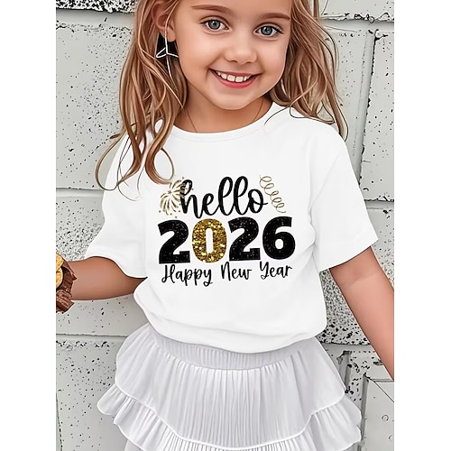Mädchen-T-Shirt mit 3D-Grafik und Buchstabenaufdruck für die Silvesterparty 2026, Kurzarm, Sommer/Frühling, Sportmode, Streetwear, Kindergröße 4-12 Jahre, Rundhalsausschnitt, normale Passform, Image