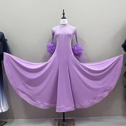 Gesellschaftstanz Kleid Strass Spleißen Damen Leistung Training Langarm Spandex Netzstoff Image