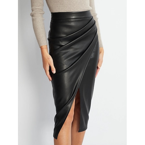 Damen Elegant Mode Midi Hohe Taille Röcke Einfach Gerafft Gespleißte Enden Unelastisch Täglich Straße Weinrot Schwarz Braun Beige Frühling Kunstleder Polyester Image