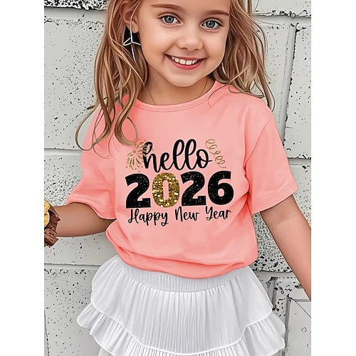 Mädchen-T-Shirt mit 3D-Grafik und Buchstabenaufdruck für die Silvesterparty 2026, Kurzarm, Sommer/Frühling, Sportmode, Streetwear, Kindergröße 4-12 Jahre, Rundhalsausschnitt, normale Passform, Image