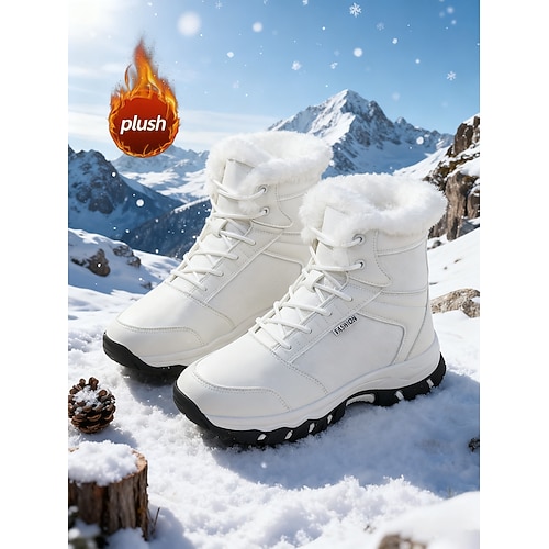 Khakifarbene Damen-Winterwanderschuhe mit weichem Fleecefutter – rutschfeste Schnür-Schneeschuhe für Trekking, Spaziergänge und extreme Kälte Image