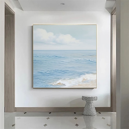 Großes abstraktes Gemälde eines blauen Ozeans, hellblaue abstrakte Ozeankunst, Ozeanwellen-Leinwandgemälde, weiße strukturierte Wandkunst, Ozeanwellen-Wandkunst Image