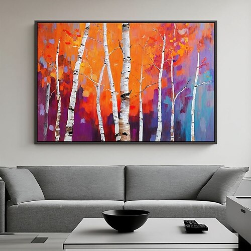 Handgemaltes Birkenmotiv, Ölgemälde auf Leinwand, Boho-Wanddeko, Herbstlandschaft mit Birkenwald, abstrakte Wandkunst Image
