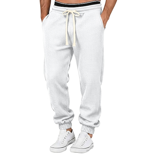 Herren Waffel Jogginghose Hose Freizeithose Waffelhose Kordelzug Elastischer Bund Einfach Atmungsaktiv Volle Länge Sport im Freien Lässig Täglich Urlaub Mode Blau Denim Blue Mikroelastisch Image