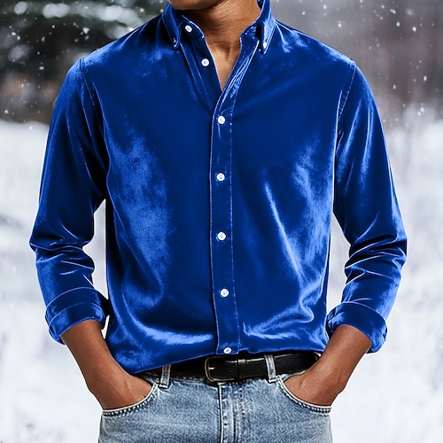 Herren Hemd Freizeithemd Weihnachts-Shirt Samthemd Wein Königliches Blau Langarm Einfarbig Einfach Hemdkragen Karneval Weihnachten Knöpfe Bekleidung Weihnachten Elegant Warm Aktiv Image