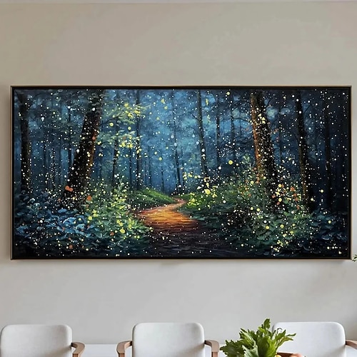 Handgemaltes Ölgemälde auf Leinwand, moderne abstrakte Waldlandschaft bei Nacht, Wanddekoration für Wohnzimmer, auf Keilrahmen gespannt / gerollt, ungespannt