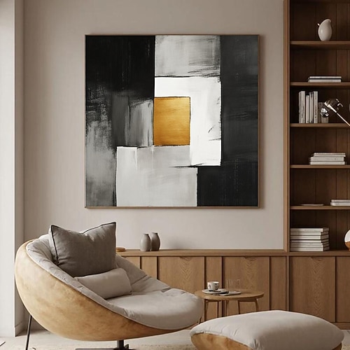 Minimalistische, moderne Formen, Gemälde auf Leinwand, große neutrale Töne für die Wanddekoration, ausgefallene Boho-Wanddeko, weiße, schwarze, gelbe Wabi-Sabi-Wandkunst Image