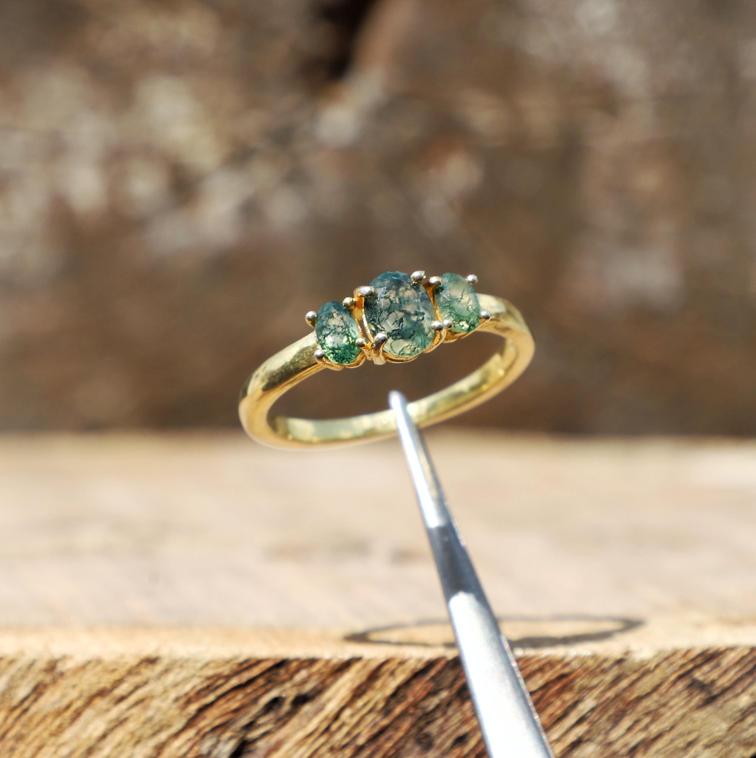 Anello in agata muschiata naturale, placcato oro 18k, anello in argento sterling 925, anello solitario, anello da donna con 3 pietre, gioielli di fida