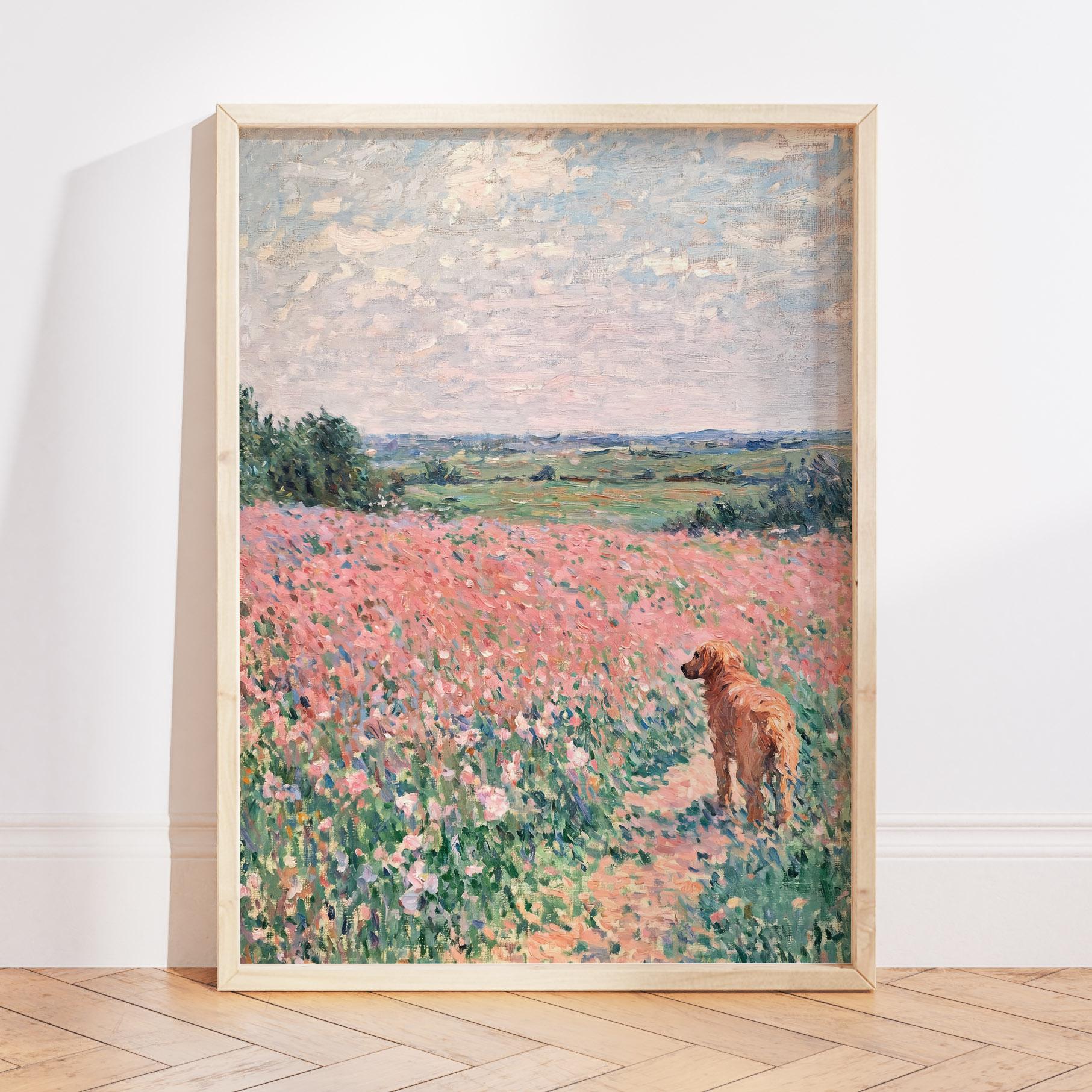Stampa a olio di fiori selvatici pastello di Monet, arte murale con paesaggio floreale, arte di Golden Retriever