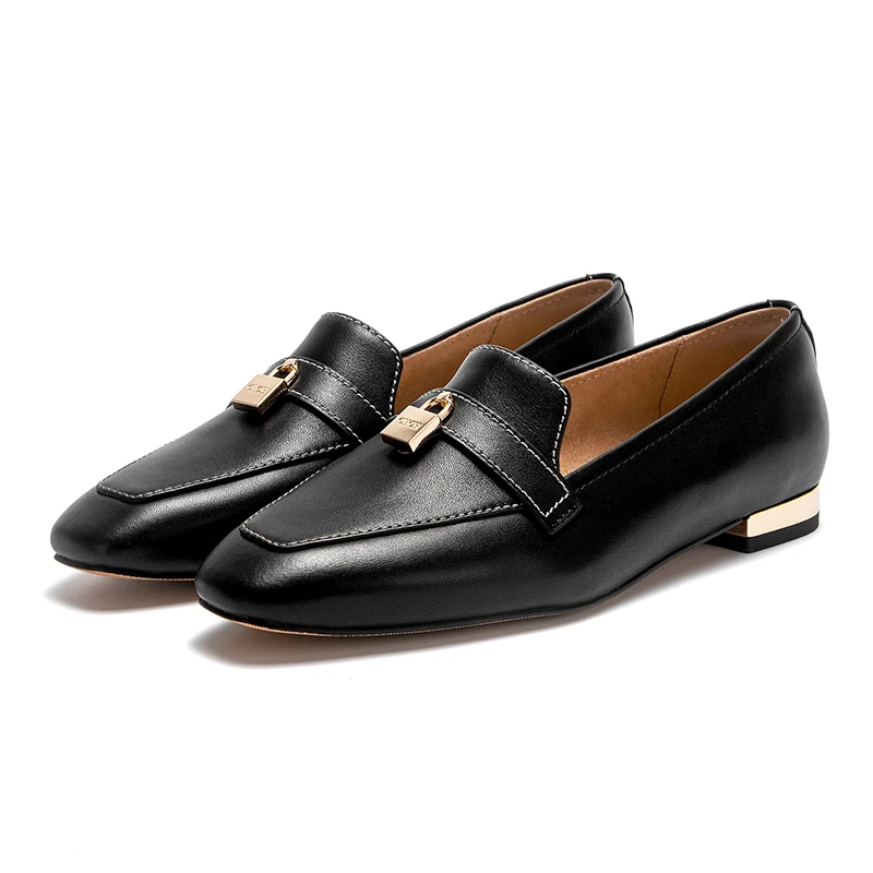 Women's Black Leather Loafers with Gold Lock Detail Square Toe Low Heel Penny Casual Office Slip-On Dress Shoes for Girls
