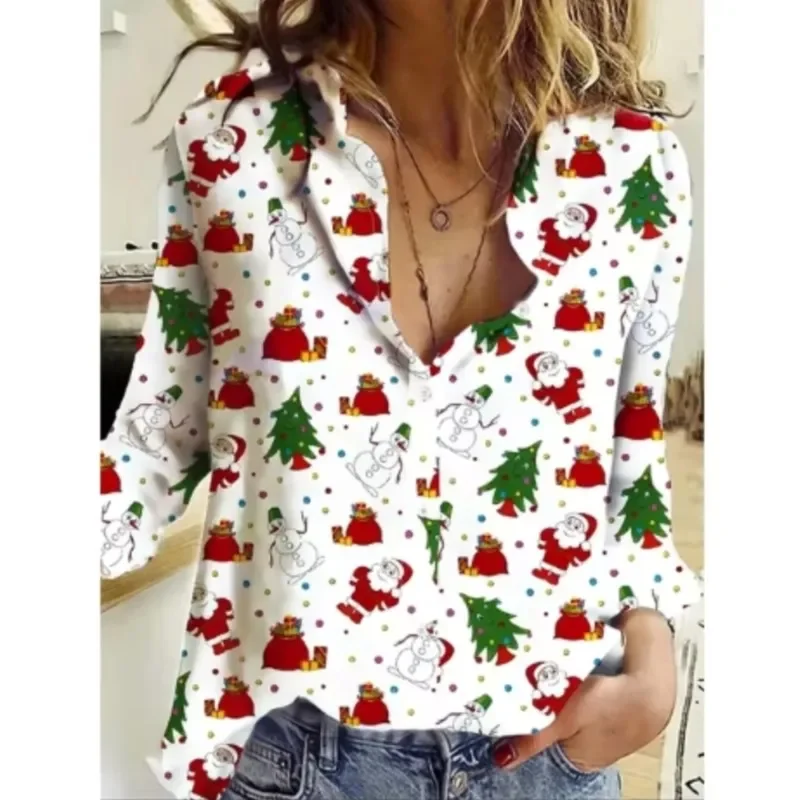 Camicia natalizia da donna nuova Simpatico albero di Natale Camicette con stampa di Babbo Natale Camicette casual a maniche lunghe con bottoni Camicette autunnali da donna