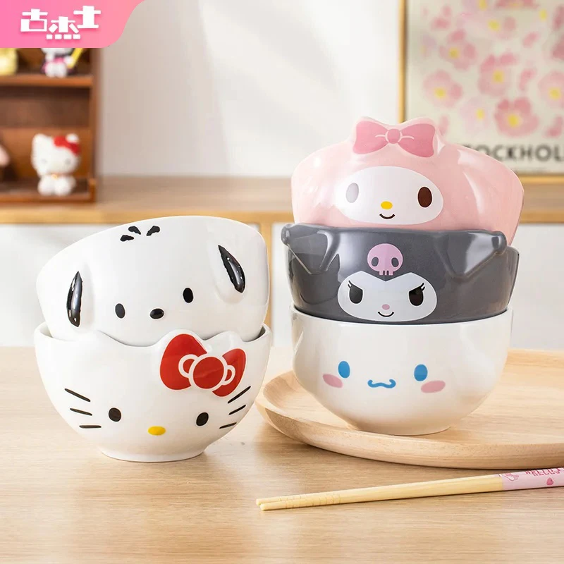For Sanrio 5inch Ceramic Bowl Cartoon 3D Relief Rice Bowl Salad bowls for Kids Household Cute My Melody/Kuromi Tableware Gift