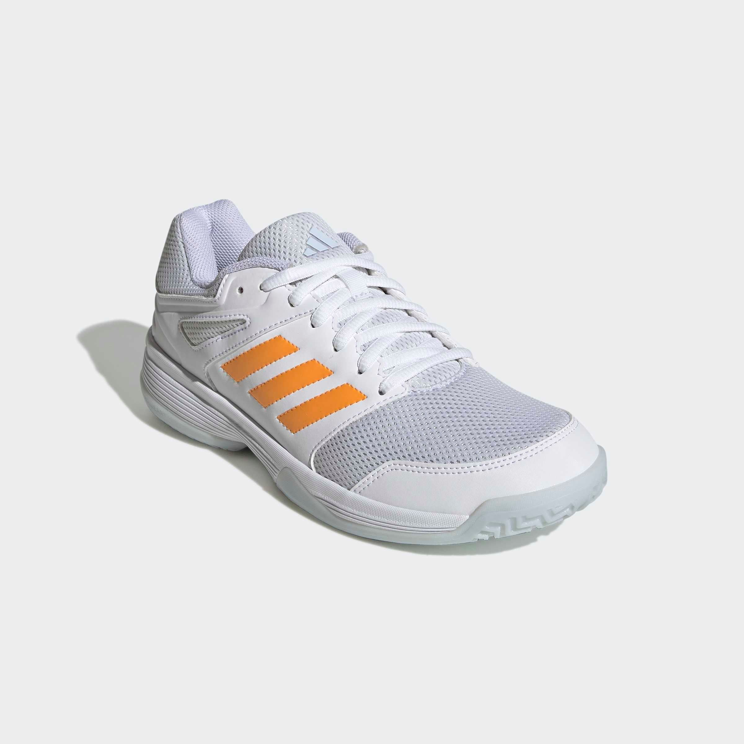 Hallenschuh ADIDAS PERFORMANCE "SPEEDCOURT IN", Damen, Gr. 39, cloud weiß, pure tangerine, crystal sky, Synthetik, Textil, Schuhe Hallenschuh, geeignet für jeden Hallensport