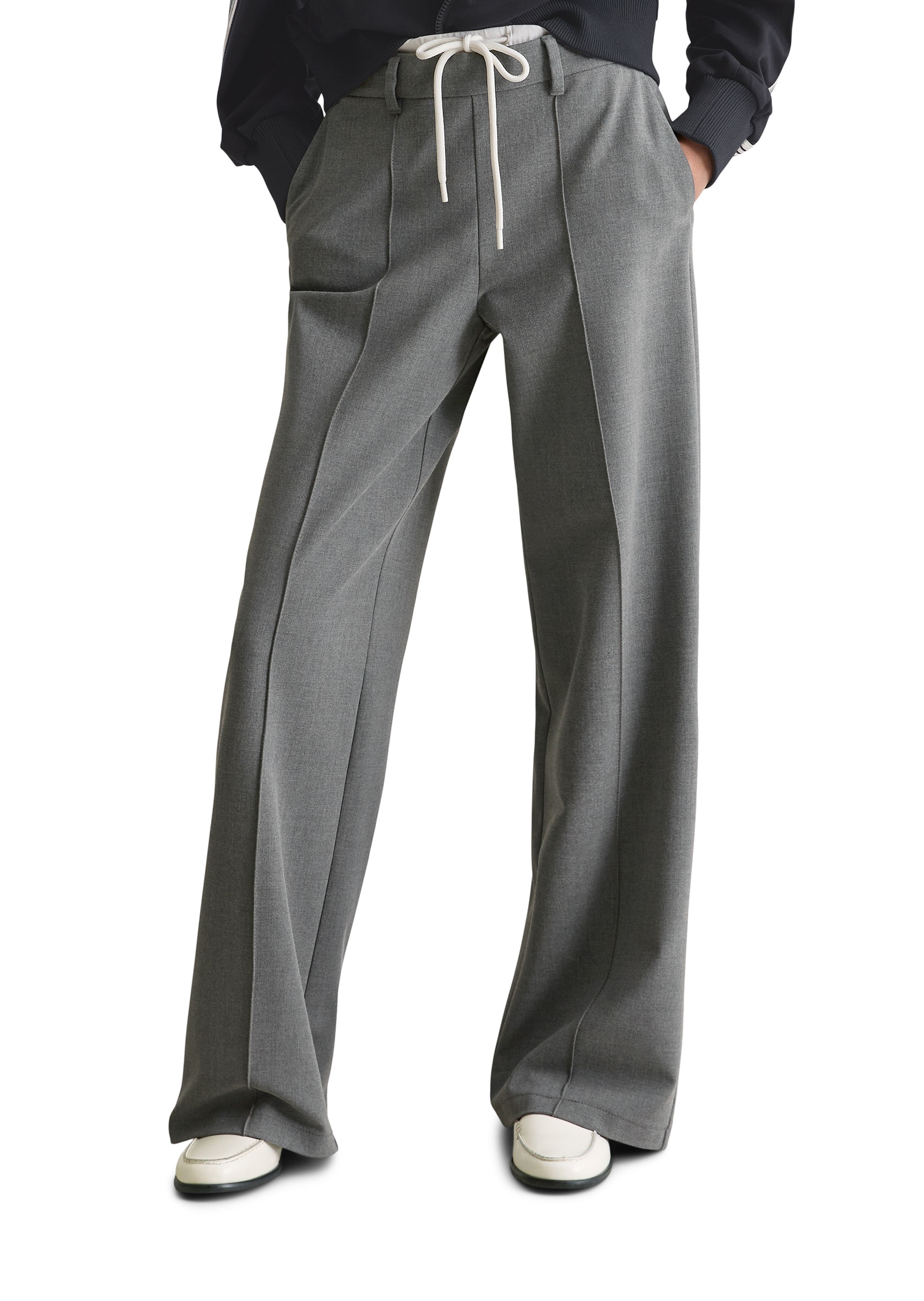 Chinohose MARC O'POLO DENIM "aus weichem Viskose-Baumwolle-Mix", Damen, Gr. XS, Normalgrößen, asphalt melange, Obermaterial: 59% Polyester, 21% Viskose, 13% Baumwolle, 7% Elasthan, unifarben, loose fit lang, Hosen Chinohose