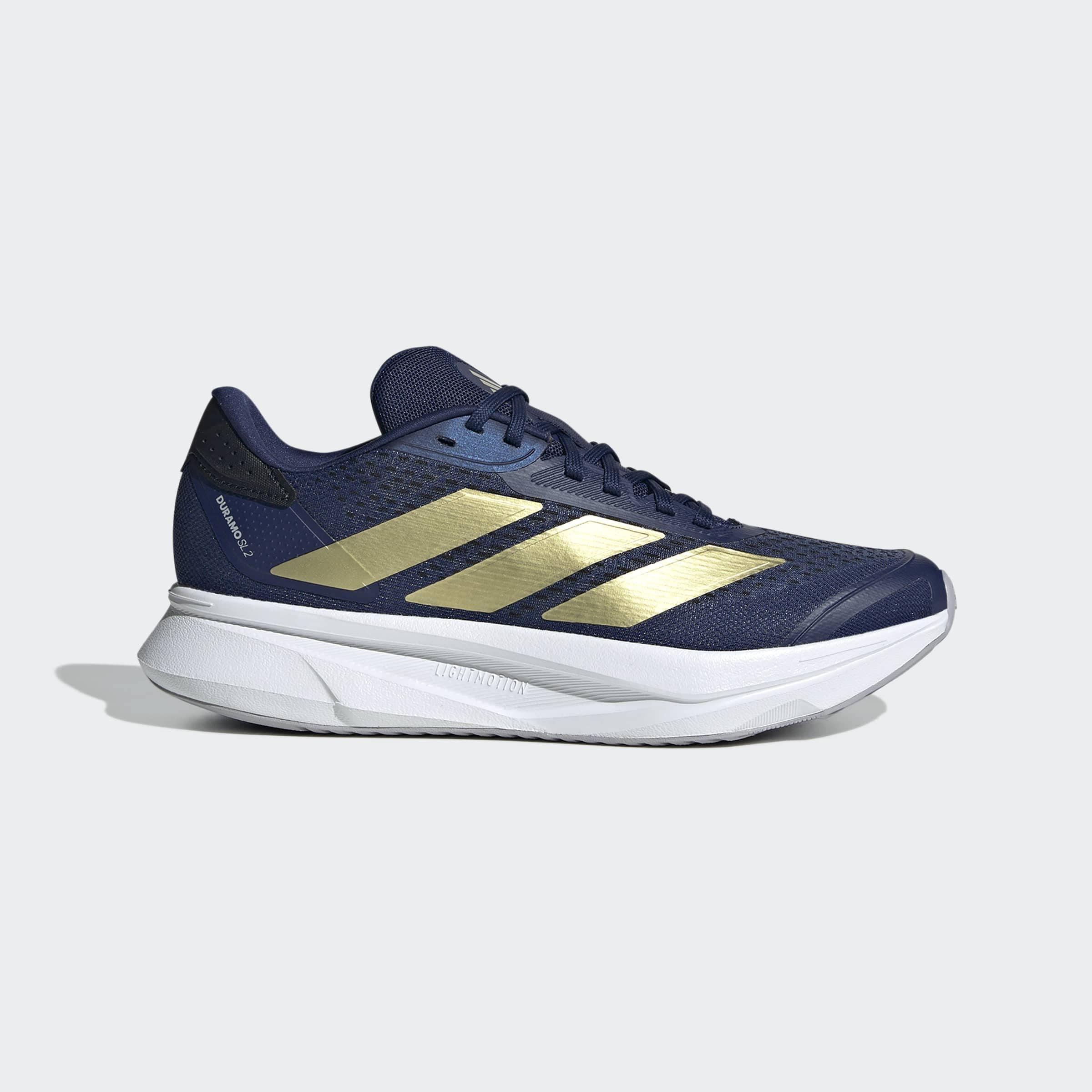 Laufschuh ADIDAS PERFORMANCE "DURAMO SL 2", Damen, Gr. 40, dunkelblau, gold metallic, halo silber, Synthetik, Textil, Schuhe Laufschuh