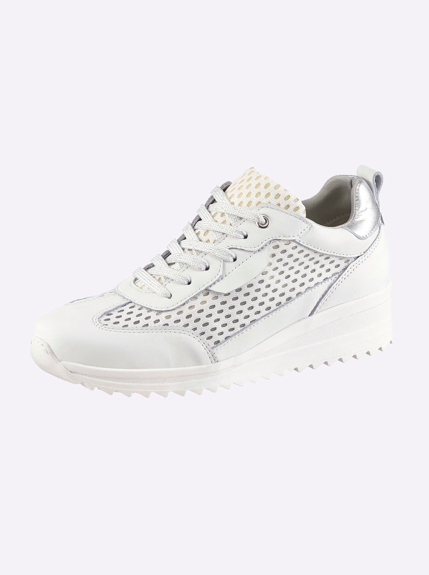Sneaker HEINE, Damen, Gr. 38, weiß, silberfarben, Glattleder, Leder, Rindsleder, Textil, Schuhe Sneaker
