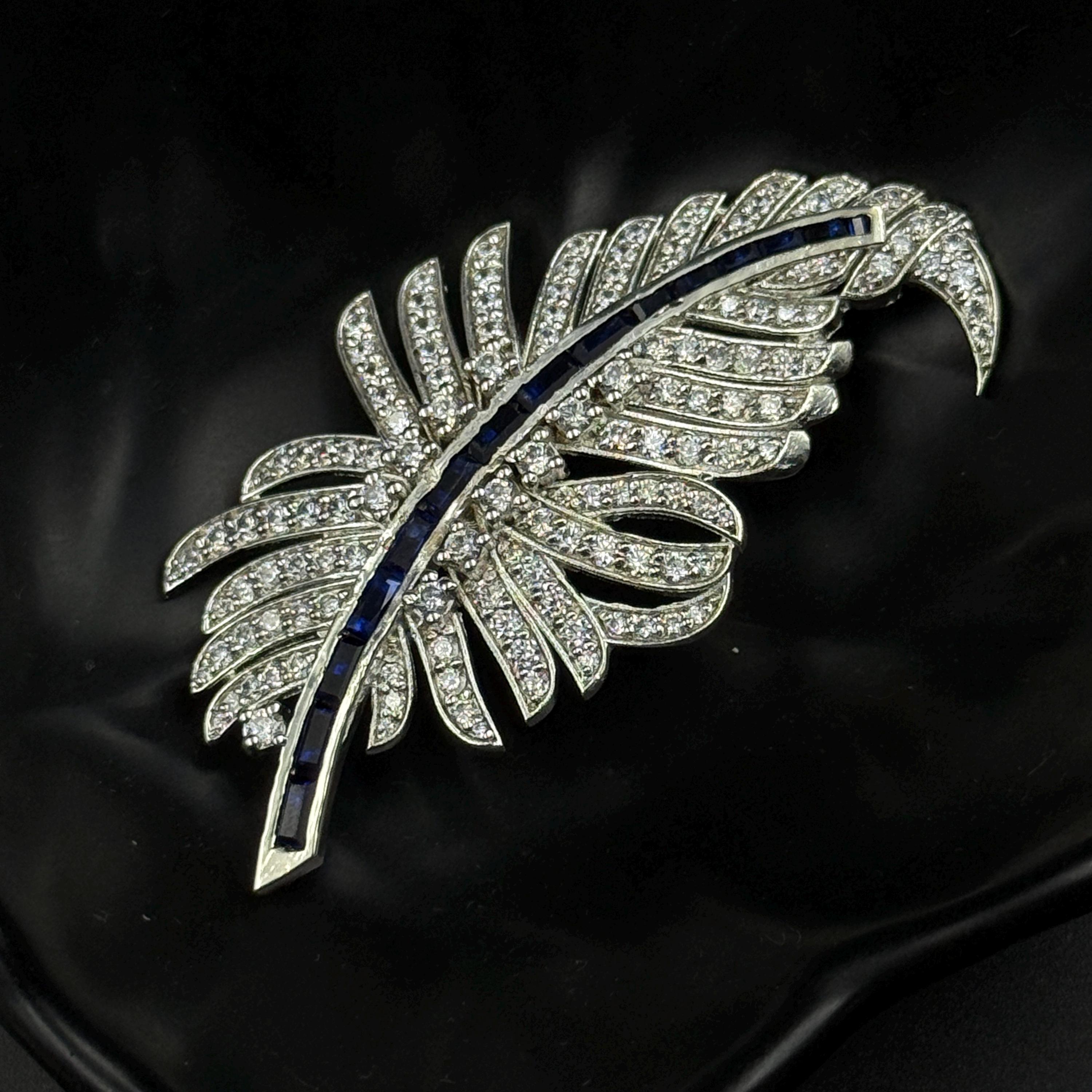 Spilla con diamanti creati in laboratorio da 3 carati, spilla con piuma di lusso, spilla con zaffiro blu, elegante spilla placcata in oro 14 carati, r