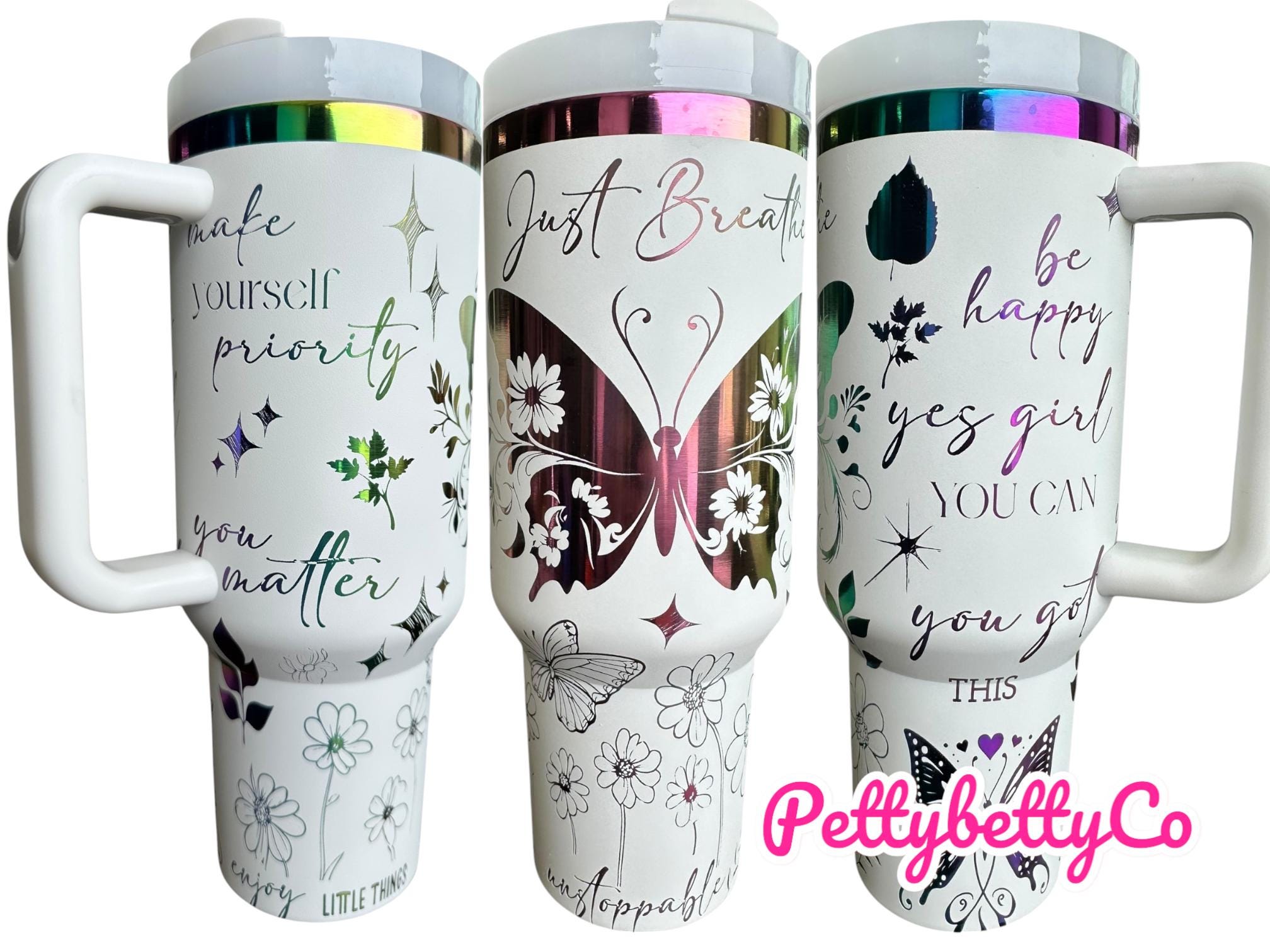 Bicchiere Just Breathe - Regalo a forma di farfalla - Bicchiere Self Love - Bicchiere da 40 oz - Bicchiere inciso - Bicchiere floreale, bicchiere, bic