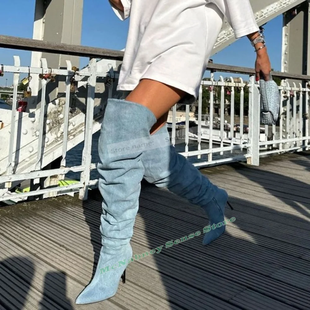 Denim Lose Hosen Stiefel Spitze Zehen Feste Dünne High Heels Solide Plissee Stiefel Über Das Knie Slip Auf Damen Sexy Schuhe Frühling